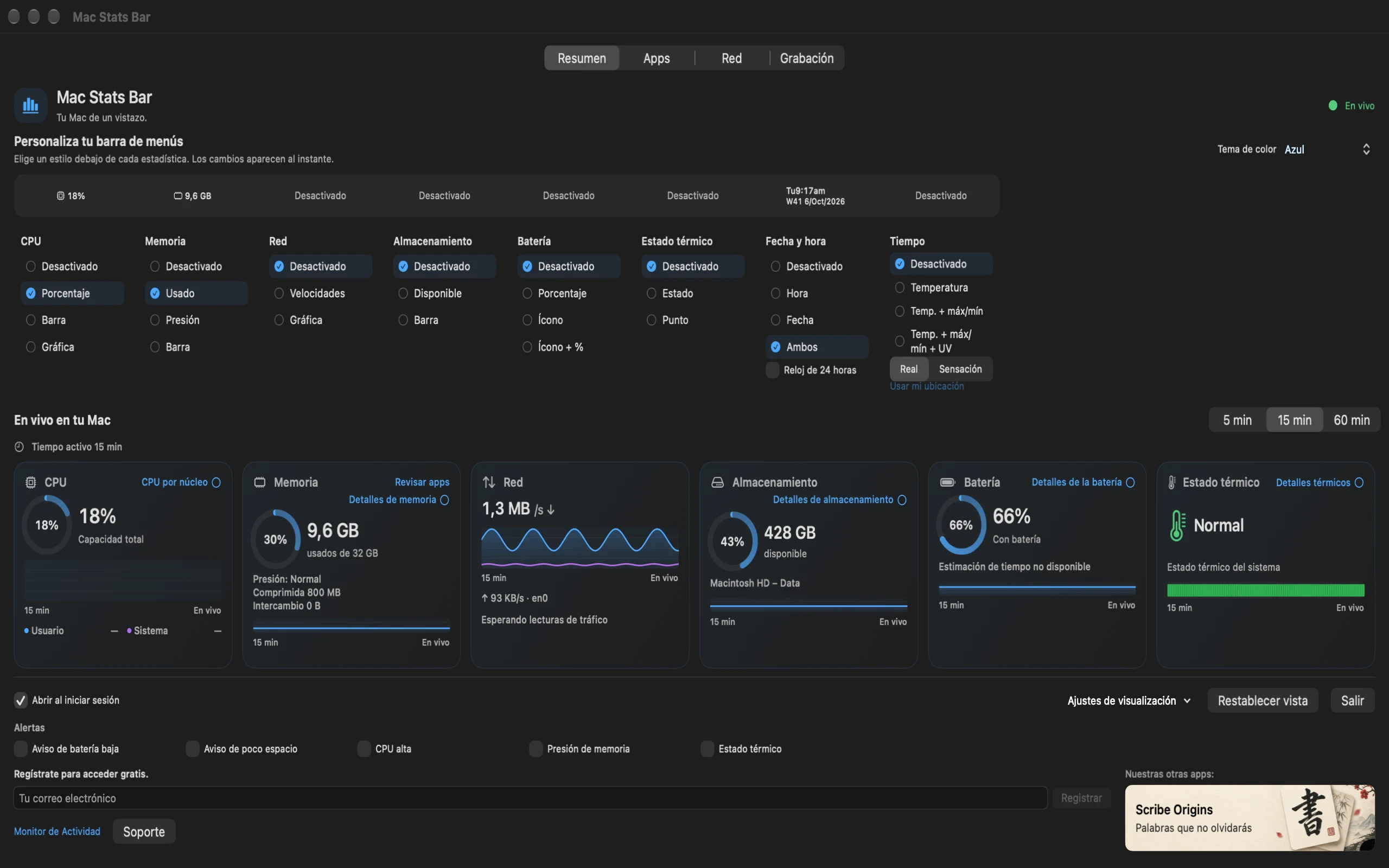 GlimmerStatsBar con lecturas de CPU, memoria, red, almacenamiento, batería y estado térmico